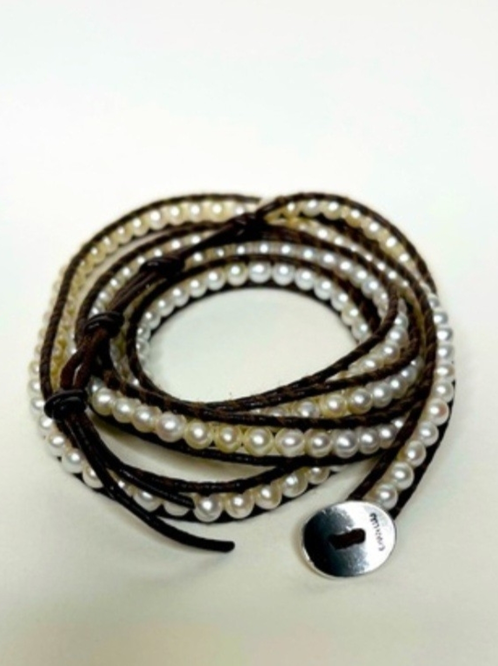 Chan Luu - Pearl Wrap Bracelet with Brown Leather Cord - Picture 2 of 5